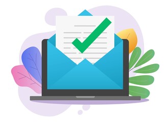 Approved email message notice check mark in document online on laptop computer pc or digital mail letter success confirmed application vector flat, concept of subscription newsletter or verified doc