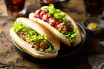 Homemade hot dogs with ketchup and mustard