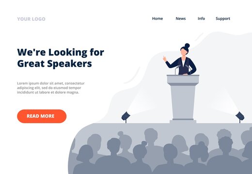 A woman stands on the tribune and speaks to an audience. Politics, debates, or international press conference concept. Public speaking landing page template. Flat vector illustration.