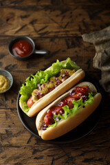Homemade hot dogs with ketchup and mustard