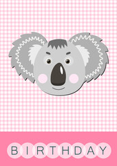 Happy birthday, holiday, baby shower celebration greeting and invitation card. Layout template in A4 size. Colorful cute vector koala face on squared background. Cartoon flat illustration.