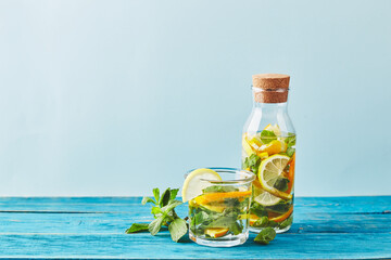 Fresh cool lemon-mint water, cocktail, detox drink.