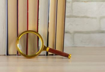 Books and a magnifying glass stand on a shelf or table against the wall.