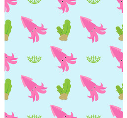 squid with sea plant seamless pattern