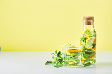 Fresh cool lemon-mint water, cocktail, detox drink.