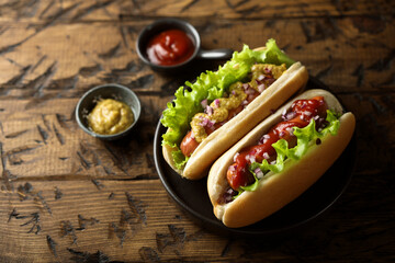 Homemade hot dogs with ketchup and mustard