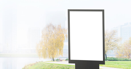 blank white billboard with mock-up for template in city autumn park near river