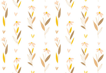 Floral pattern. Seamless vector texture with flowers for fashion prints or wall paper. Green colour. Hand drawn style, light background.