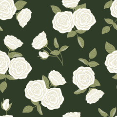 Vector Roses Flowers in White with Green Leaves on Green Background Seamless Repeat Pattern. Background for textiles, cards, manufacturing, wallpapers, print, gift wrap and scrapbooking.