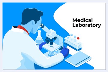 Young male scientist looking through a microscope in a laboratory doing research, microbiological analysis, medicine.