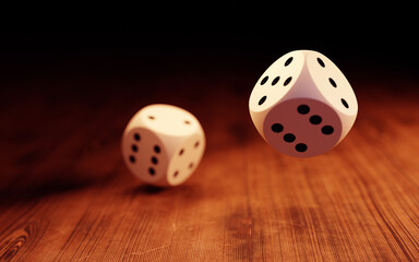 Rolling dices on a wooden surface. 3d render