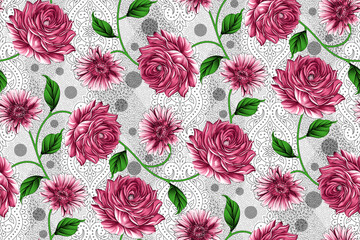 Seamless pattern with spring flowers and leaves. Hand drawn background. floral pattern for wallpaper or fabric.