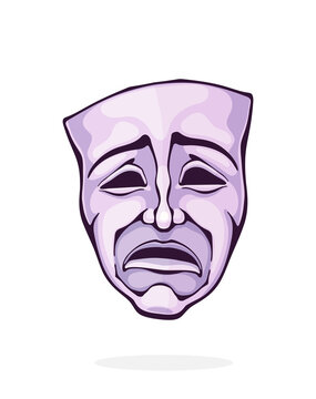 Theatrical drama mask. Vintage opera mask for tragedy actor. Face expresses negative emotion. Film and theatre industry. Cartoon vector illustration with outline. Clipart Isolated on white background