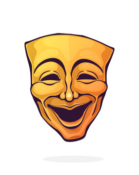 Theatrical comedy mask. Vintage opera mask for happy actor. Face expresses positive emotion. Film and theatre industry. Cartoon vector illustration with outline. Clipart Isolated on white background