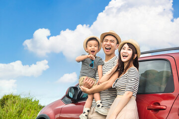 Happy family on  road trip and enjoy summer vacation