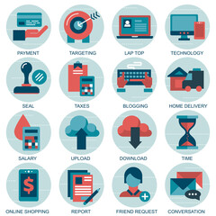 Set vector icons with elements for mobile concepts and web apps. Business and marketing, programming, data management, internet connection, social network, computing, information. Vector
