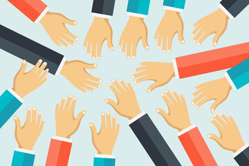 Teamwork concept. Friends with stack of hands showing unity and teamwork, top view. Young people putting their hands together. Flat vector illustration