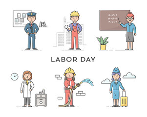 Set Of People Different Professions. Labor Day Holiday. Policeman, Constructor Worker, Teacher, Doctor, Stewardess And Fireman. Professional Workers. Cartoon Linear Outline Flat Vector Illustration