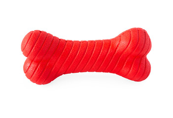 A dogs red rubber chewing bone on white.