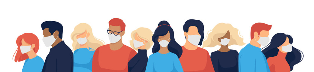 Coronavirus quarantine, covid-19 (2019-nCoV). Group of people in white medical face masks to prevent disease, flu, air pollution, contaminated air, world pollution. Flat vector illustration concept