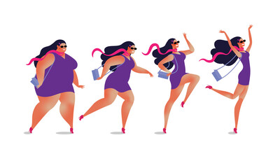 Weight loss is easy. Set of running girls, fat and thin. Before and after. Before and after.