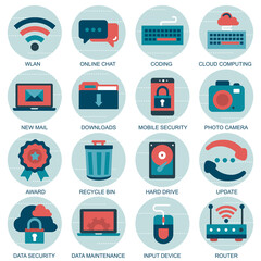 Set vector icons with elements for mobile concepts and web apps. Business and marketing, programming, data management, internet connection, social network, computing, information. Vector