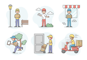 Concept Of Fast Delivery Service. Set Of Couriers Transporting Packages. Men Delivering Packages To Customers By Different Ways. Workers In Uniform. Cartoon Linear Outline Flat Vector Illustration