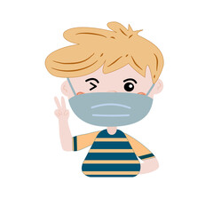 Cute blond hair boy wearing medical face mask with hand gesture saying everything is alright. Smiling winking little kawaii boy say “ok”, vector illustration isolated on white background.