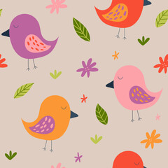 Vector seamless pattern with birds and flowers on a beige background. Flat style. Cute birds with flowers and branches. For textiles, wrapping 