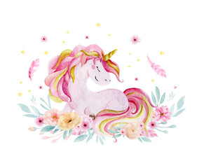 Isolated cute watercolor unicorn and flowers clipart. Nursery unicorns illustration. Princess unicorns poster. Trendy pink cartoon horse.
