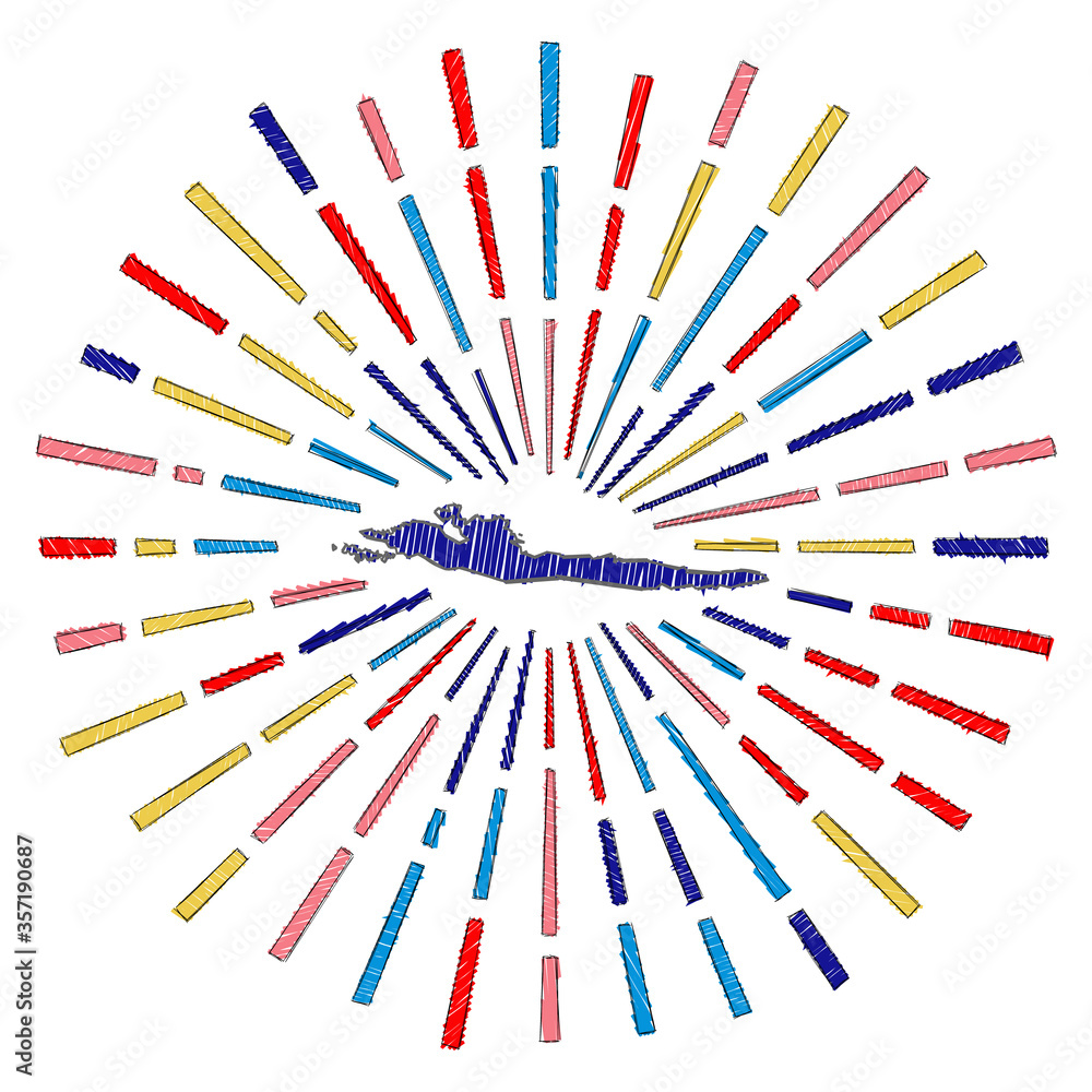 Poster sketch map of hvar. sunburst around the island in flag colors. hand drawn hvar shape with sun rays o
