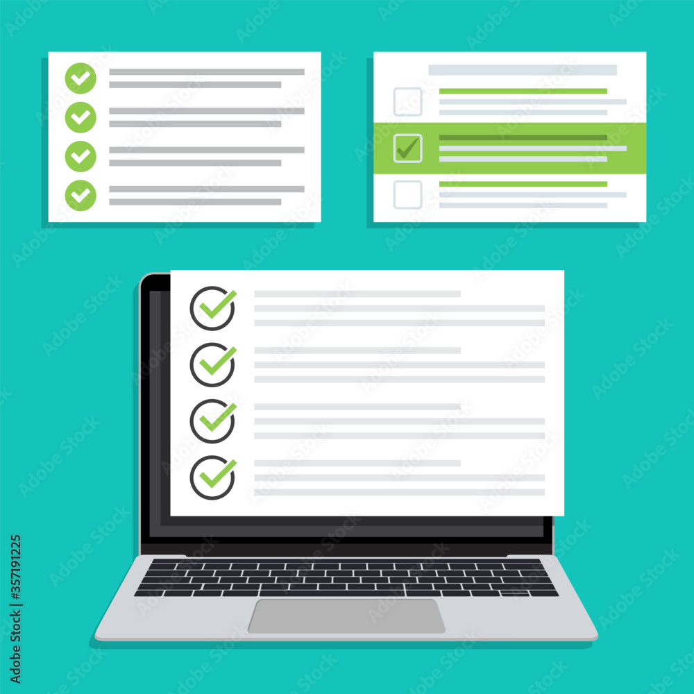 Poster Laptop with checklist window in a flat design. Mockup of checklist for laptop in a flat design