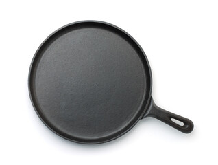 Top view of cast iron crepe pan - obrazy, fototapety, plakaty