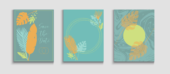 Abstract Retro Vector Covers Set. Soft Olive Leaves Invitation Layout. 