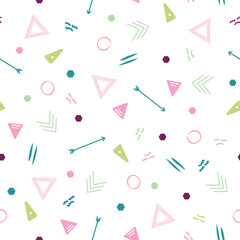 Abstract seamless repeat pattern with triangles, arrows and dots  in pastel colors. Perfect for modern folk textile, wallpaper and interior design projects. Vector illustration.