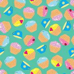 Food, pastry, tea baking. Seamless kitchen pattern with multicolored pink blue yellow muffin cakes with berry cherries, icing on green background, fabric design, wrapping paper, packaging, tablecloth