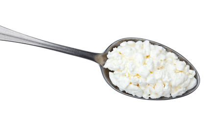 Spoon of cottage cheese isolated on white background, top view