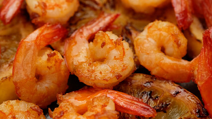 fried shrimps with lemon top view macro