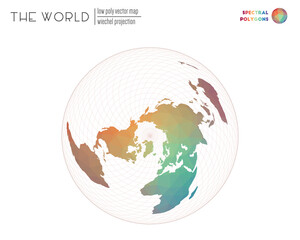 Polygonal world map. Wiechel projection of the world. Spectral colored polygons. Creative vector illustration.