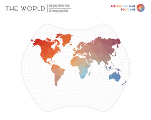 Polygonal world map. Larrivee projection of the world. Red Yellow Blue colored polygons. Neat vector illustration.