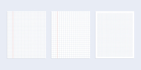 Set of white note paper and notebook sheet on gray background. Vector illustration. 