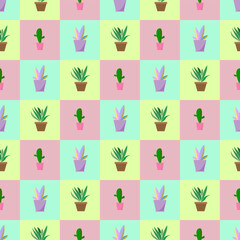 Seamless texture Flowers and cactus in pots