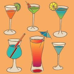 Set of cocktails. Hand drawn image. Blue, red, green cocktails with lemon and lime slices and umbrella. Bright, colorful set of 6 cocktails.