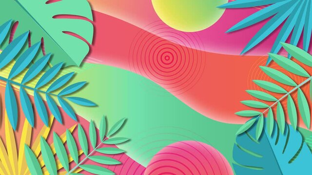 Summer colorful background 4K, flat animation with tropical leaves, looped motion graphics