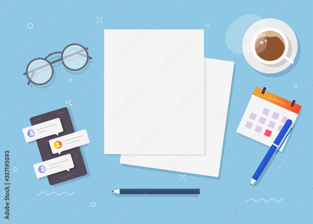 Poster blank empty paper sheet document for copy space text on workplace table desk top view or blank pages