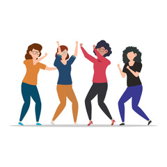 Cartoon character illustration of celebration pose and gesture. Happy group of young woman are dancing together. Flat design isolated on white.