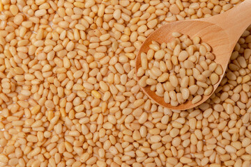 Peeled Pine Nuts. Unshelled kernels. Nuts lie in a wooden spoon.