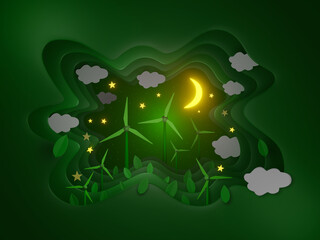3d render The wind turbines generate electricity with clouds and stars sparkling under the moonlight. Papercut concept of green energy.
