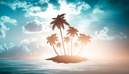 Empty tropical background of night sea beach. Silhouettes of tropical palm trees on a background of bright sunset. 3d illustration