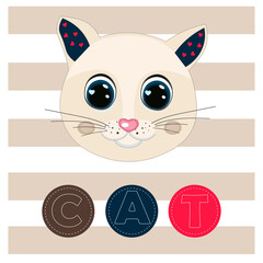 cute kitty.Word CAT. Can be used for kid's clothing. Use for print, surface design, fashion wear. Adorable  character for design of album, scrapbook, card and invitation